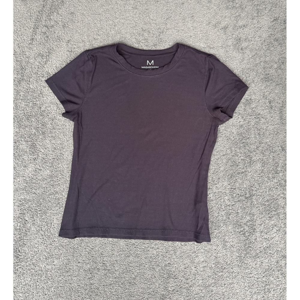 Magaschoni Womens Ribbed Short Sleeve Crew Neck T-Shirt Dark Purple Size L